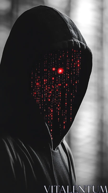Hooded digital figure with red code face in dark scene.