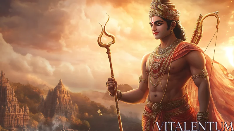 Warrior figure with trident before temple landscape at dusk.