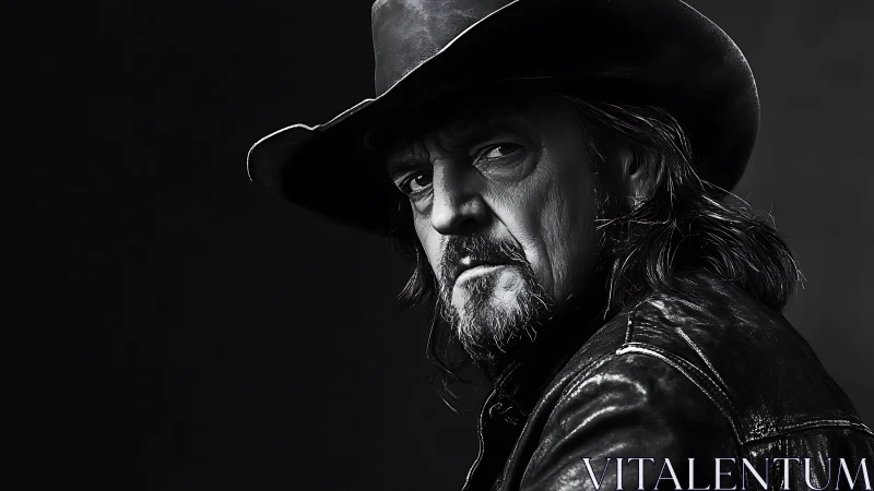 High-contrast monochrome portrait isolates rugged cowboy in profile