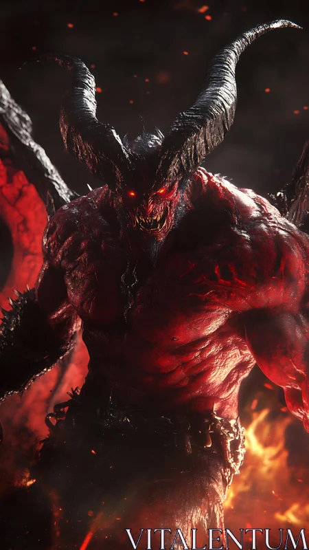 Infernal horned demon rendered in high contrast molten reds