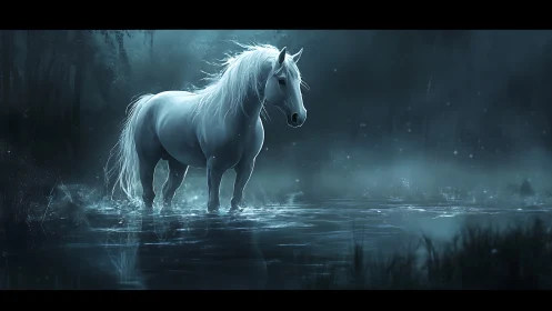 Moonlit white horse pauses gently in a misty forest pool
