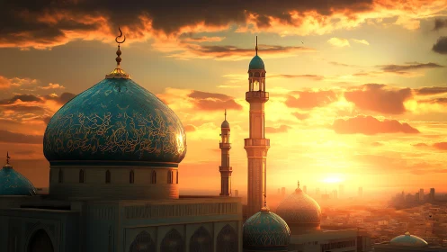 Turquoise mosque domes glow under blazing sunset sky.