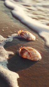 Sunlit seashells resting where gentle waves kiss shore.