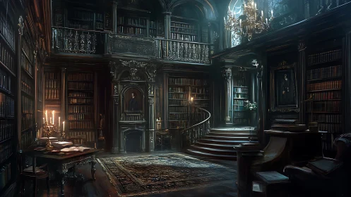 Neo-baroque digital library interior rendered in moody chiaroscuro