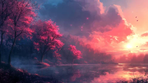 Dreamlike crimson forest at sunset over tranquil lake.