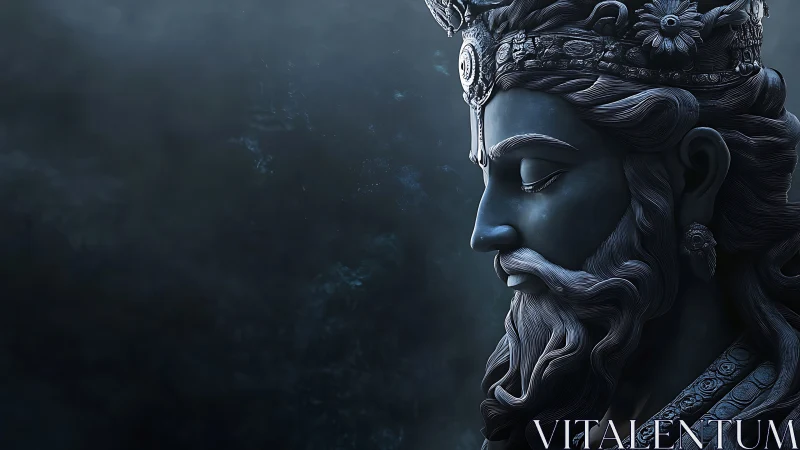 Serene blue stone deity rests in quiet, meditative silence