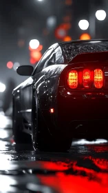 Muscle car taillights glow over wet neon city street.