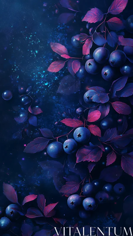 Neon twilight berries with magenta leaves on deep blue field.