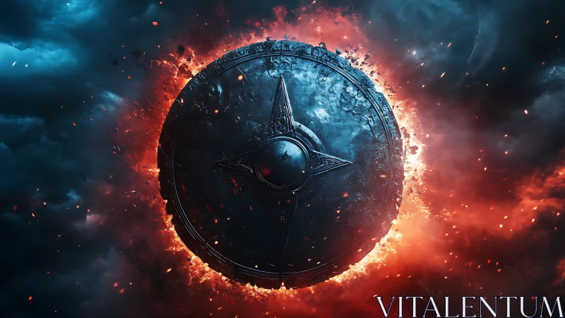 Circular metallic shield rotates within opposing fire and smoke