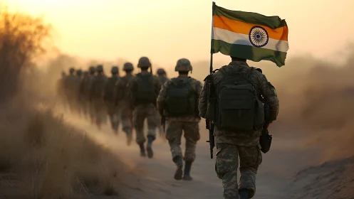 Indian soldiers marching in desert terrain at sunrise.