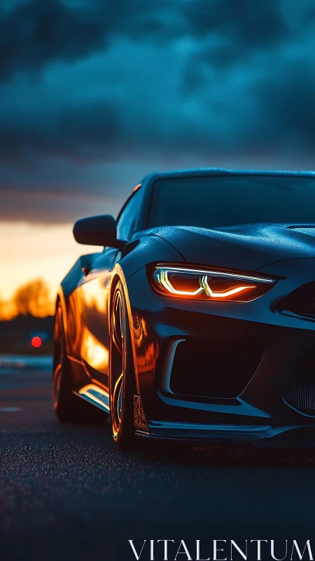 Sporty black coupe on wet track at dramatic sunset.