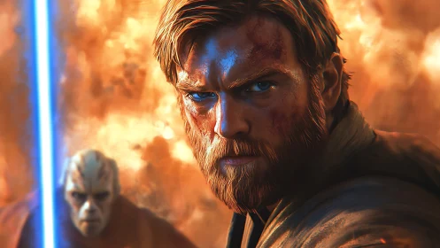 Battle-scarred warrior with blue blade amid firestorm.