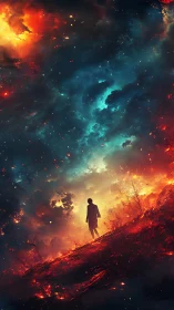 Silhouette stands on burning slope under turbulent cosmic sky