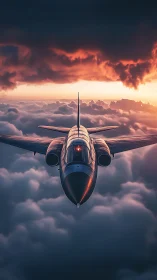 Sleek jet aircraft above clouds under dramatic sunset sky.