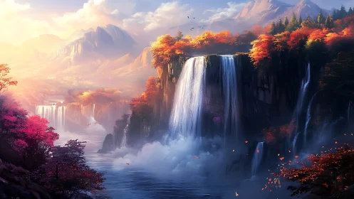 Dreamy autumn waterfalls in a glowing mountain valley.