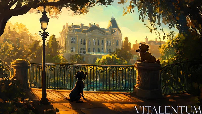 Golden hour terrace with dogs overlooking grand chateau.