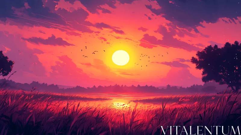 Sunset glow over quiet waters and whispering fields.