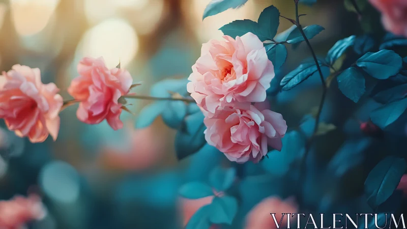 Pink Garden Roses with Teal Foliage in Soft Natural Light.