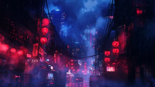Rain-soaked neon alley renders cinematic cyberpunk depth study