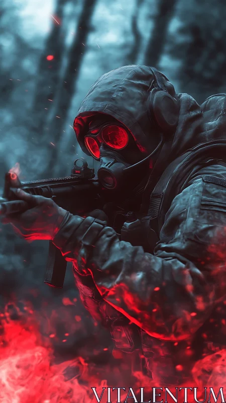 Digital painting of tactical soldier in red-azure volumetric fog.