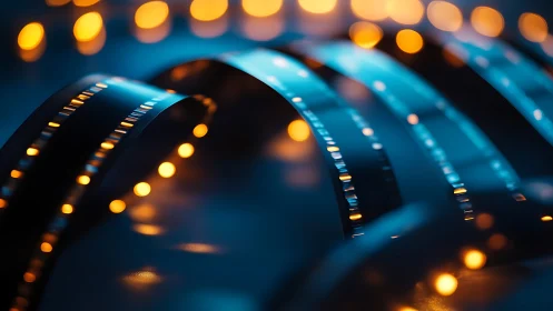 Cinematic ribbons of film glowing in cozy bokeh light.