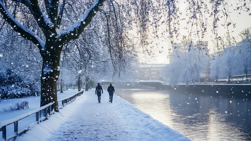 Snow-laden riverside promenade with pedestrians in motion.