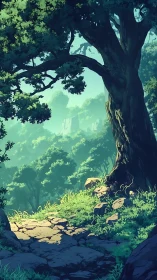 Ancient tree dominates wooded landscape with architectural structures visible in misted distance.