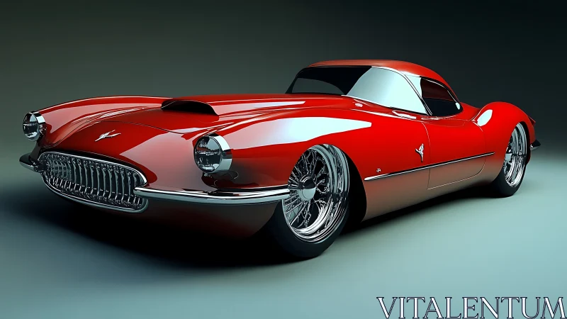 Red retro sports coupe rendered with glossy chrome detail