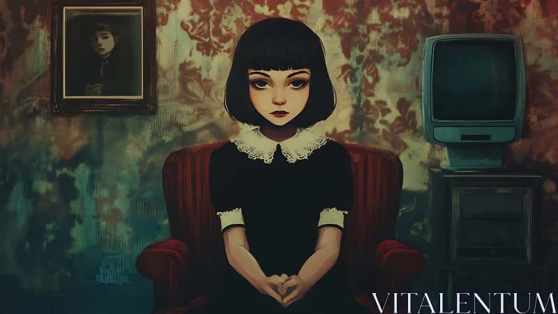 Melancholic girl in vintage room with old television.