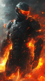 Armored sci fi warrior calmly walking through bright fire.