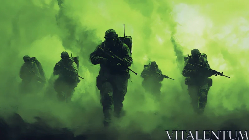 Special forces squad advancing through toxic green fog.