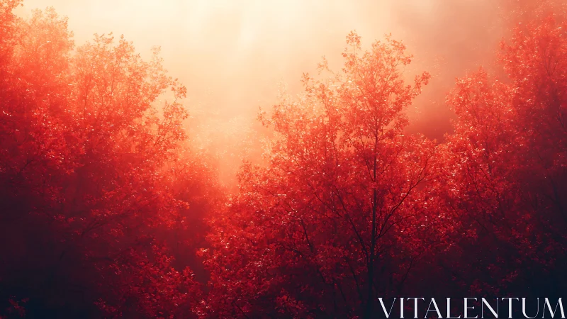 Red autumn forest under strong backlit morning haze.