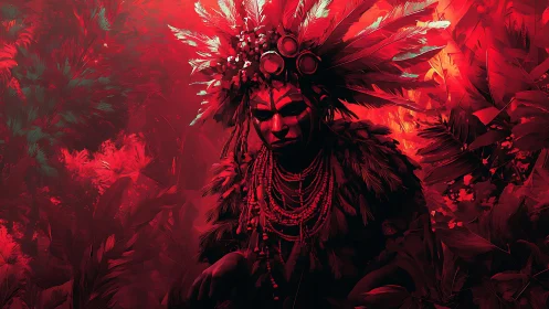 Mystic jungle guardian in radiant red feathered ritual wear.