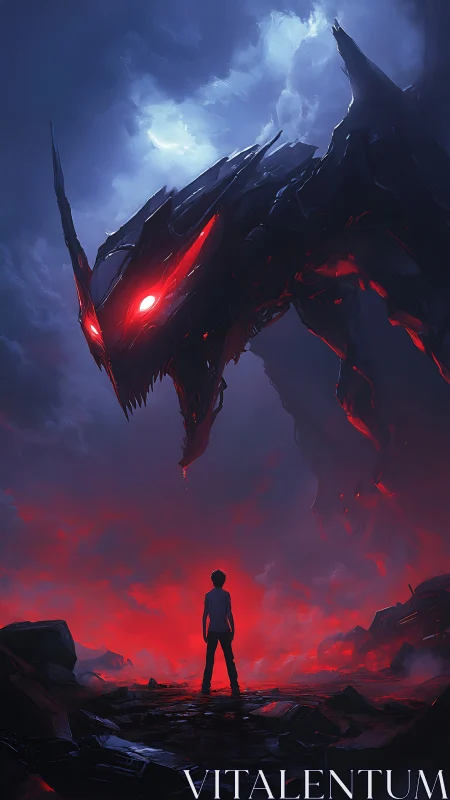 Human figure stands before towering red-eyed creature form