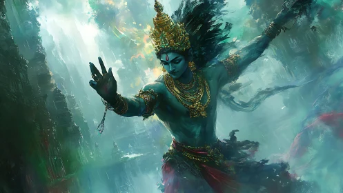 Mythic blue deity in dynamic dance framed by misted temples
