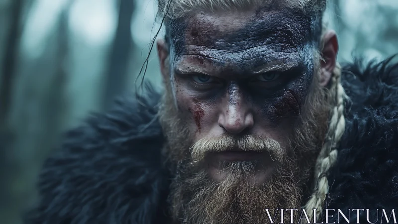 Warrior with braided beard stares forward, face painted dark