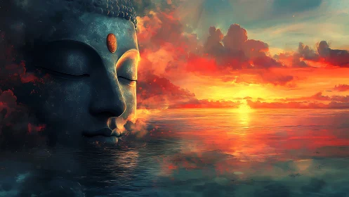 Monumental meditative face merges with luminous ocean sunset