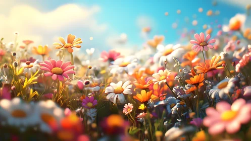 Vibrant Wildflower Field Under Blue Sky