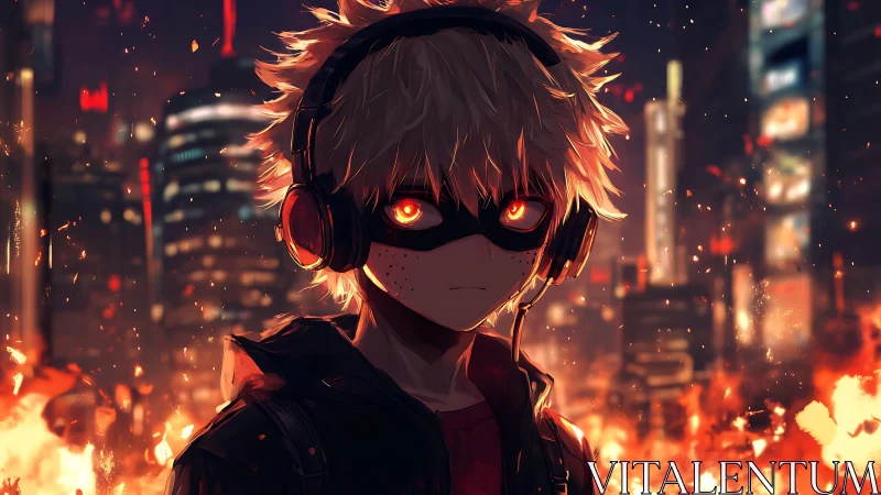 Masked youth with burning eyes walks through neon inferno.