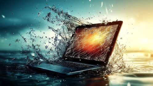 Laptop splash drama where calm water meets digital chaos.