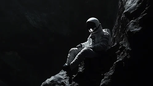 Solitary astronaut rests on shadowed lunar cliff edge