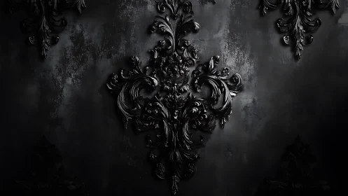 Baroque black ornament blooms over distressed dark wall.