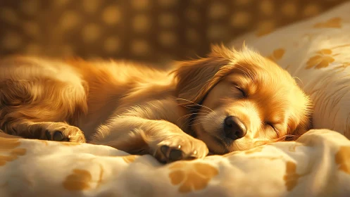 Golden puppy enjoys a warm afternoon nap in soft sunlight
