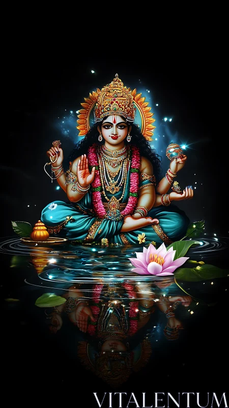 Hindu goddess figure seated on lotus pool with reflection.