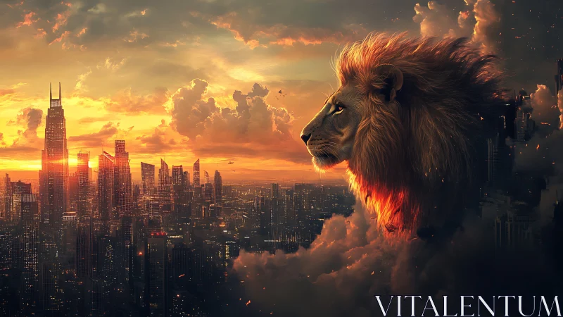Sunset guardian lion watching over a dreaming cityscape.