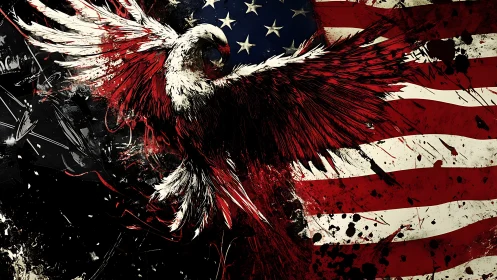 Splatter-born eagle ignites against a storm-torn flag.