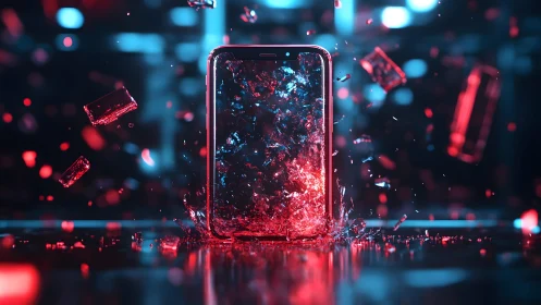 Smartphone with Shattered Glass in Futuristic Neon Lighting.
