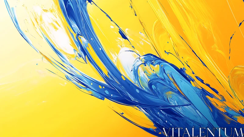 Vivid blue paint arcs across radiant yellow abstract field.