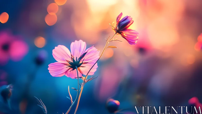 Pink and Purple Cosmos Flowers Against Blurred Bokeh Background