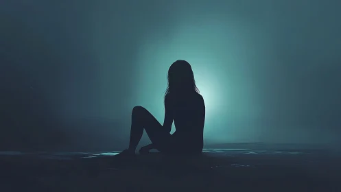 Minimalist backlit silhouette in atmospheric teal haze composition.